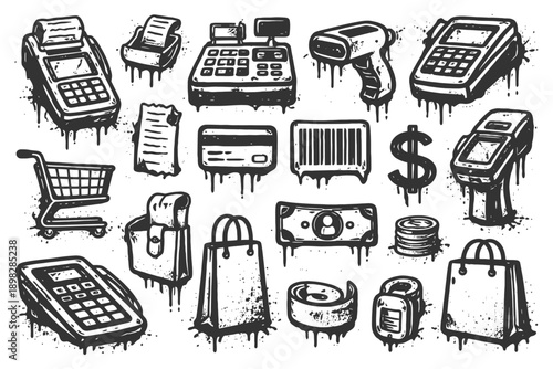 Vintage grunge style retail icons: shopping cart, cash register, barcode scanner, credit card, dollar sign.
