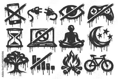 Grunge-style symbols representing digital detox and nature connection.