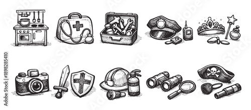 Collection of hand drawn vector profession and play icons, in black and white, excellent for illustration, kids' book or graphic element.