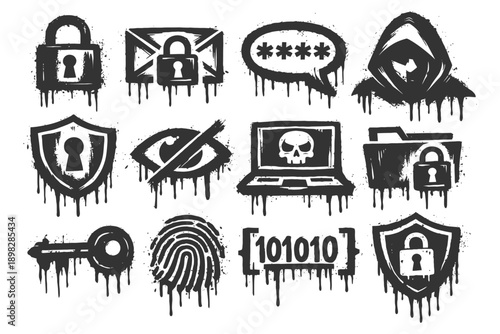 Cybersecurity icons: lock, shield, hacker, password, data protection symbols.