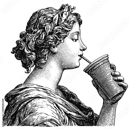 Ancient roman woman drinks soda with straw, black ink on white background, vintage engraving sketch style vector illustration