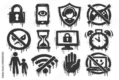 Grunge icons on digital privacy and parental control.