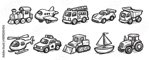 Black and white sketches of various toy vehicles including train, plane, car, and tractor. Usable for education, kids products, or transportation themes.