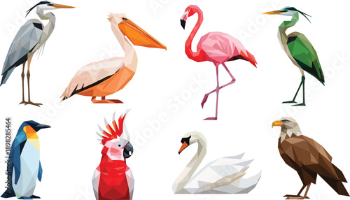 Low poly bird collection featuring heron, pelican, flamingo, penguin, parrot, swan and eagle illustrations