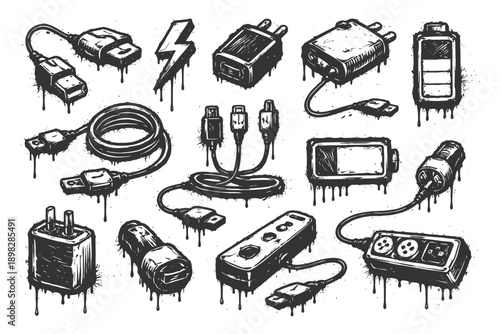 Grunge style electronics: chargers, cables, and adapters with dripping ink effect.