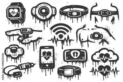 Graphical dripping heart rate monitors and wearable technology icons.