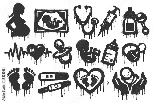 Pregnancy and newborn symbols: ultrasound, stethoscope, baby bottle, pacifier, heartbeat.