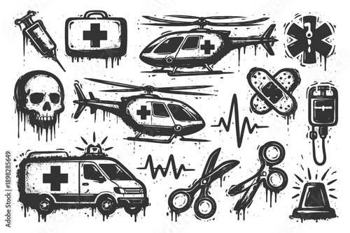 Emergency medical icons: helicopter, ambulance, equipment, skull, bandages, black and white style.