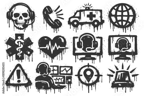Grunge medical emergency icons with headphones, ambulance, and heartbeat symbols.