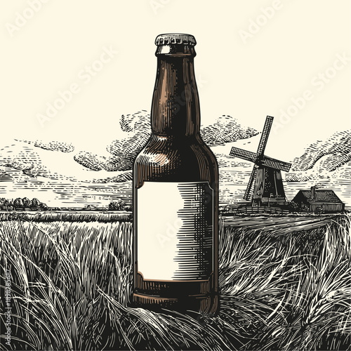 Brown glass bottle of beer in wheat field and windmill on background, vector illustration in engraving style