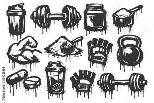 Grunge fitness icons: dumbbells, supplements, gloves, kettlebell, fitness gear.