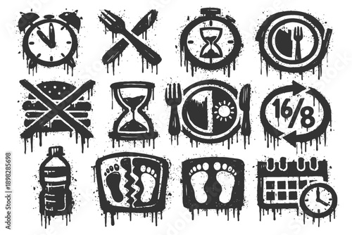 Grunge intermittent fasting icons with clocks, scales, and symbols.