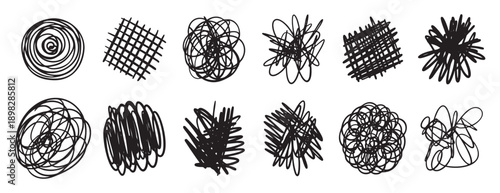 Tangled scribble texture set. Chaotic line doodle collection. Abstract knot patterns for creative design