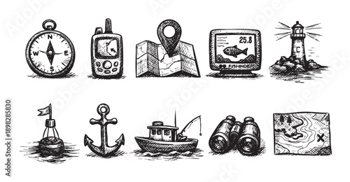 Hand-drawn nautical navigation icon set. Includes compass, map, GPS, fishfinder, lighthouse, boat, anchor, binoculars, buoy and treasure map. Great for travel, adventure themes.