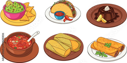 Mexican food illustration featuring tacos guacamole tamales enchiladas soup and traditional dessert dishes set