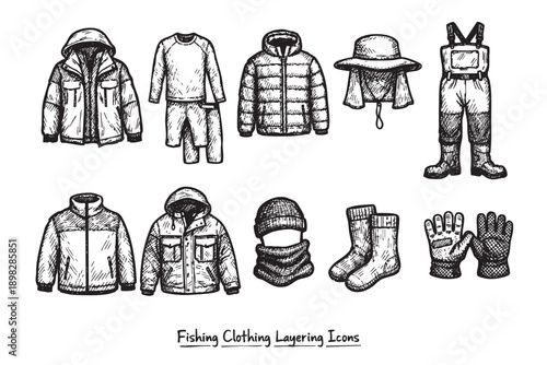 Hand-drawn illustration of fishing clothing icons. Perfect for illustrating outdoor sports, fishing gear, layering guides, and apparel guides. Isolated on white background.