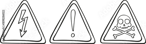 Triangular warning vector signs. High voltage sign. Attention warning sign with an exclamation mark. Skull and crossbones warning sign. Vector
