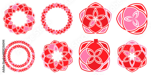 Red and pink floral geometric ornament set, abstract circular mandala