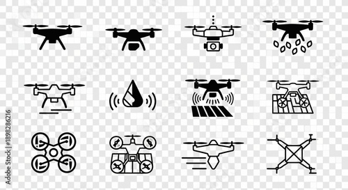 A collection of black and white drone icons illustrating various types, functions, and applications of unmanned aerial vehicles.