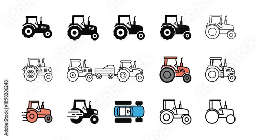 A collection of various tractor icons and illustrations in different styles, including solid, outline, and colored designs, showcasing agricultural and industrial vehicles.