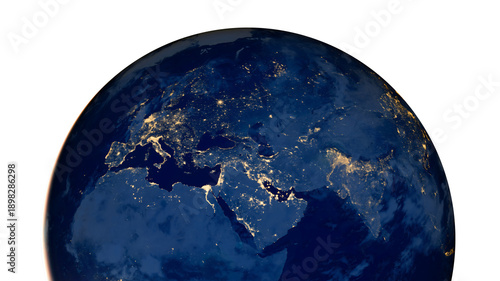 Earth Globe Night View of Europe Africa and Middle East City Lights isolated on png background. Elements of this image furnished by NASA.