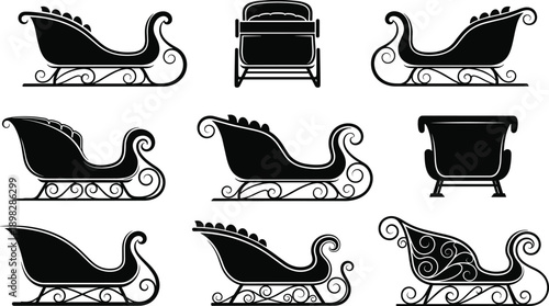 Santa sleigh silhouette collection showing different decorative sled designs for Christmas and winter holiday illustration