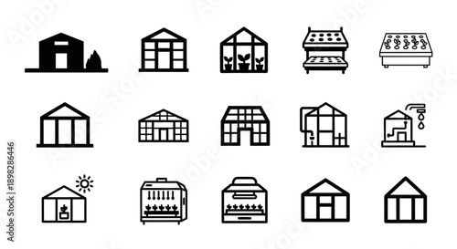 A comprehensive set of black and white line icons illustrating various types of greenhouses, hothouses, and plant cultivation structures for gardening and agriculture.