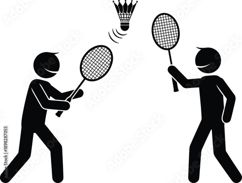 Silhouette of badminton players in action with shuttlecock isolated on white background illustration