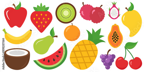 Colorful tropical fruit icon set in flat vector style for healthy food design