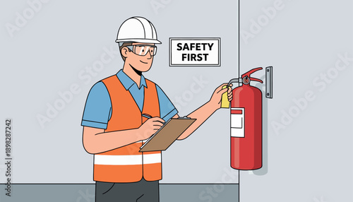 Construction worker inspecting fire extinguisher with safety sign