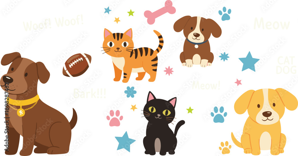 Obraz premium Cute Dogs and Cats Cartoon Vector Illustration Set with Playful Pets, Paw Prints, Stars, and Fun Animal Elements for Kids and Pet Lover Designs