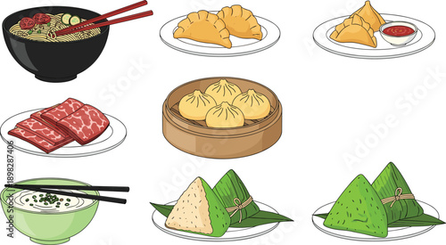 Traditional Asian cuisine illustration featuring noodles dumplings buns rice cakes and assorted street foods set