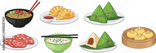 Traditional Asian street food assortment, dumplings, zongzi, noodles, buns, illustrated vector set, isolated white 
