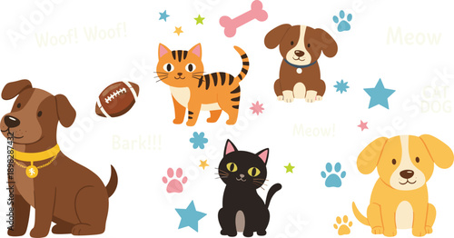 Cute Dogs and Cats Cartoon Vector Illustration Set with Playful Pets, Paw Prints, Stars, and Fun Animal Elements for Kids and Pet Lover Designs