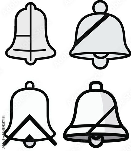 Minimalist vector sticker of a notification bell with diagonal slash, clean bold outline, flat UI icon style, white background, silent or do-not-disturb mode
