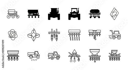 A collection of black and white icons illustrating various agricultural machinery, including seeders, planters, and tractors, used in farming and crop cultivation.