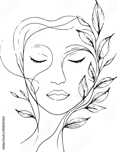  Soft minimal line art background of abstract face outline dissolving into flowing lines and leaves, representing mental clarity and calm, black ink on white, gentle curves, spacious composition