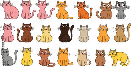 Cute Cartoon Cat Vector Illustration Set with Colorful Kittens in Sitting Poses and Different Fur Colors for Pet, Kids, and Nursery Design