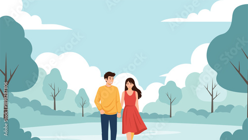 Young romantic couple walking hand in hand through a peaceful park with soft blue trees and white clouds in the sky.