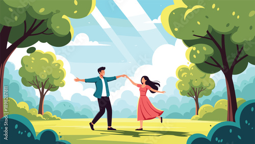 Joyful couple dancing together in a lush green park with bright sunlight streaming through the tall leafy trees.