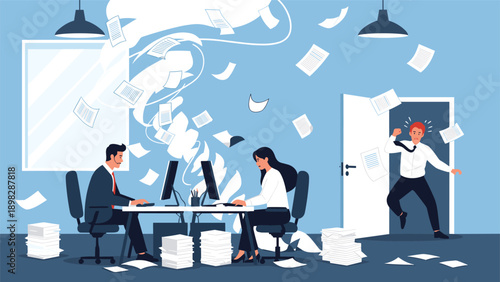 Frustrated businessman entering an office where a paper tornado is scattering documents everywhere in a chaotic scene.