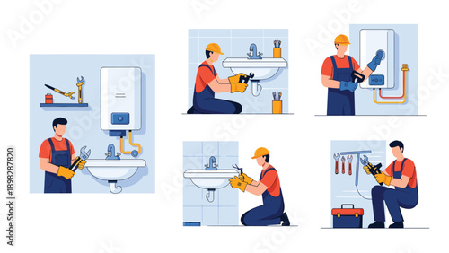 Professional plumber performing various repairs and maintenance on bathroom sinks and water heaters in multiple scenes.