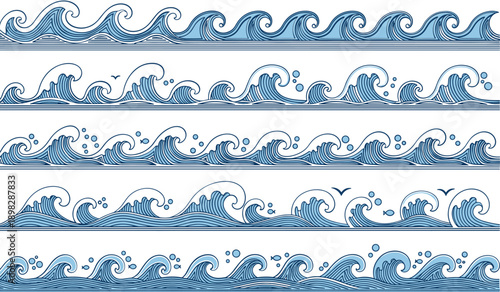 Set of decorative blue wave borders with fish and birds water ocean