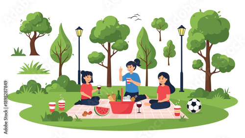 Three diverse friends having a fun picnic on a green park lawn with food, drinks, and a soccer ball in summer.