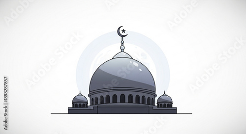 Mosque Dome with Crescent Moon on White Background, Islamic Architecture Illustration