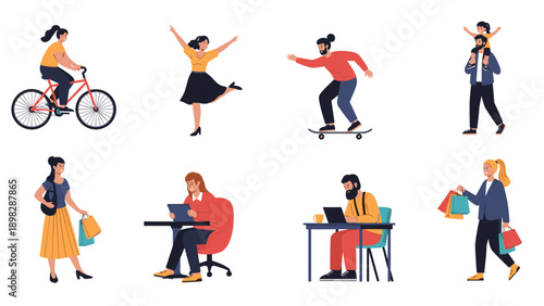 Diverse group of people engaged in daily lifestyle activities like cycling, dancing, skateboarding, and remote working.