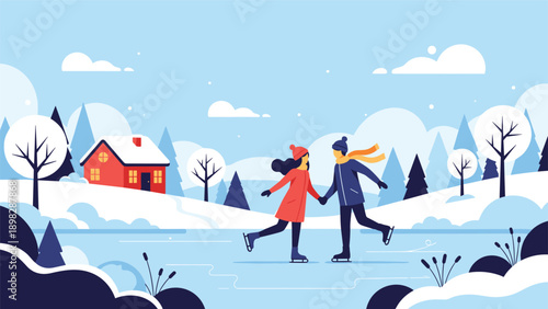 Romantic couple ice skating on a frozen lake in a serene winter wonderland with a small cabin and snow trees.