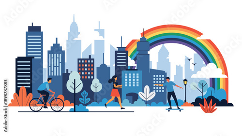 People enjoying leisure activities like cycling and skateboarding in a modern city with a colorful rainbow and skyline.