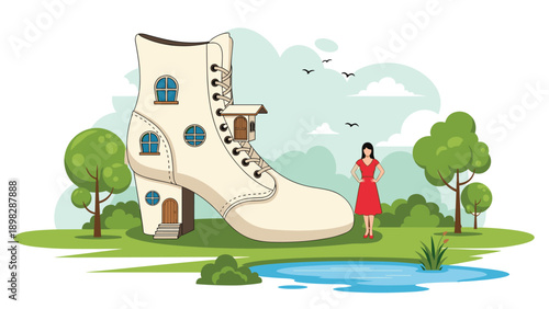 Woman in a red dress standing next to a whimsical giant boot house in a green park with a small pond.