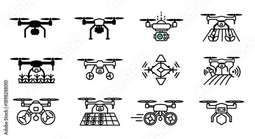 Collection of drone icons illustrating various applications and designs, including agricultural, delivery, and surveillance drones.